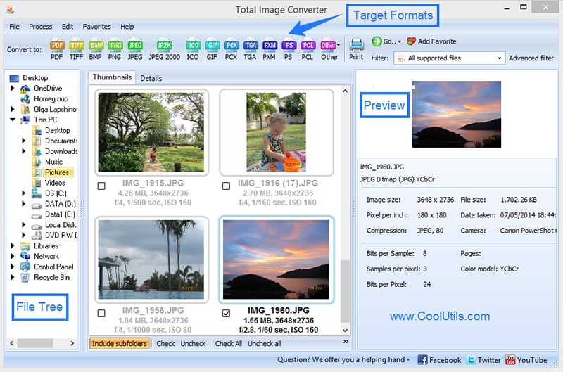 Convert & resize TIFF, JPEG, RAW, PNG, Webp and 20 more formats.
