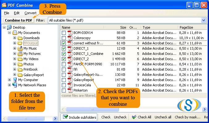 Combine many PDF files into one in a few clicks via GUI or command line.