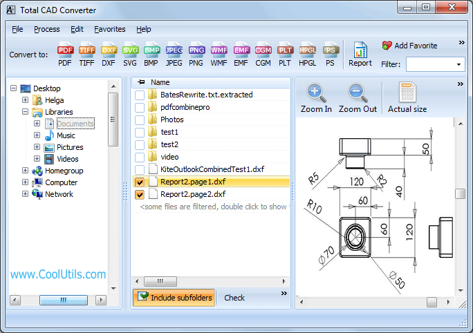 CAD Converter converts CAD files to TIFF, PDF, BMP, JPEG, PNG, WMF, DXF in batch