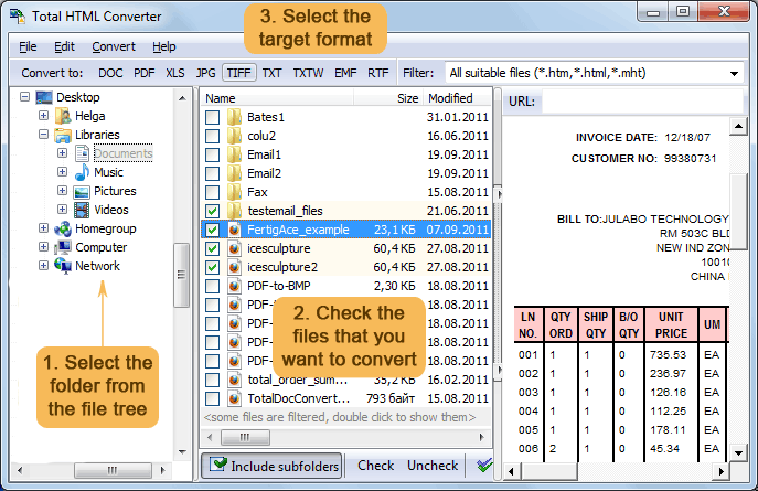 Convert HTML or MHT files to Doc, PDF, XLS, JPEG, TXT via GUI or command line.