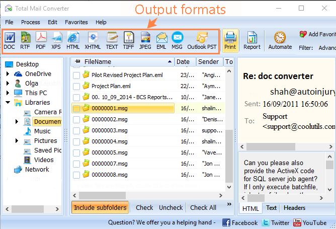 Convert emails to HTM, TXT, PDF, RTF to safely store them on your pc.