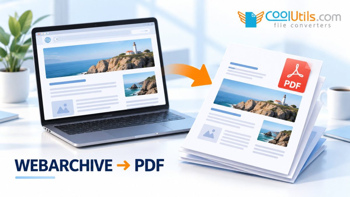 Illustration of a Safari WEBARCHIVE file being converted to PDF on Windows