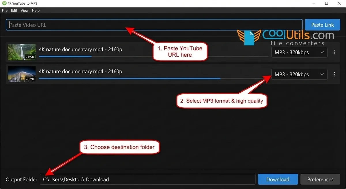 4K YouTube to MP3 interface with paste-URL field, MP3 320 kbps quality selector, and output folder picker