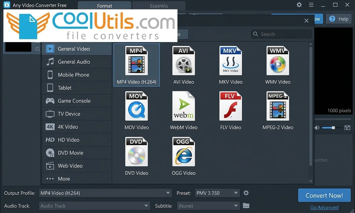 Any Video Converter Free showing supported video formats including MP4, AVI, MKV, MOV, FLV