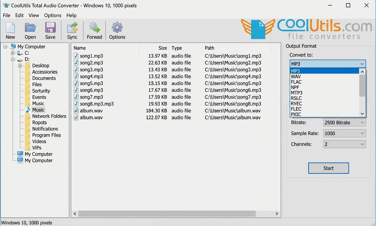 CoolUtils Total Audio Converter interface with file list and MP3 bitrate, sample rate, and channel settings