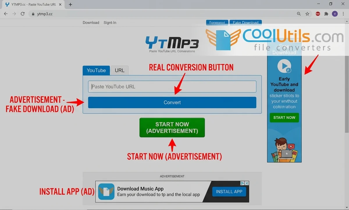 YTMP3.cc page annotated with the real conversion button vs fake download and ad buttons