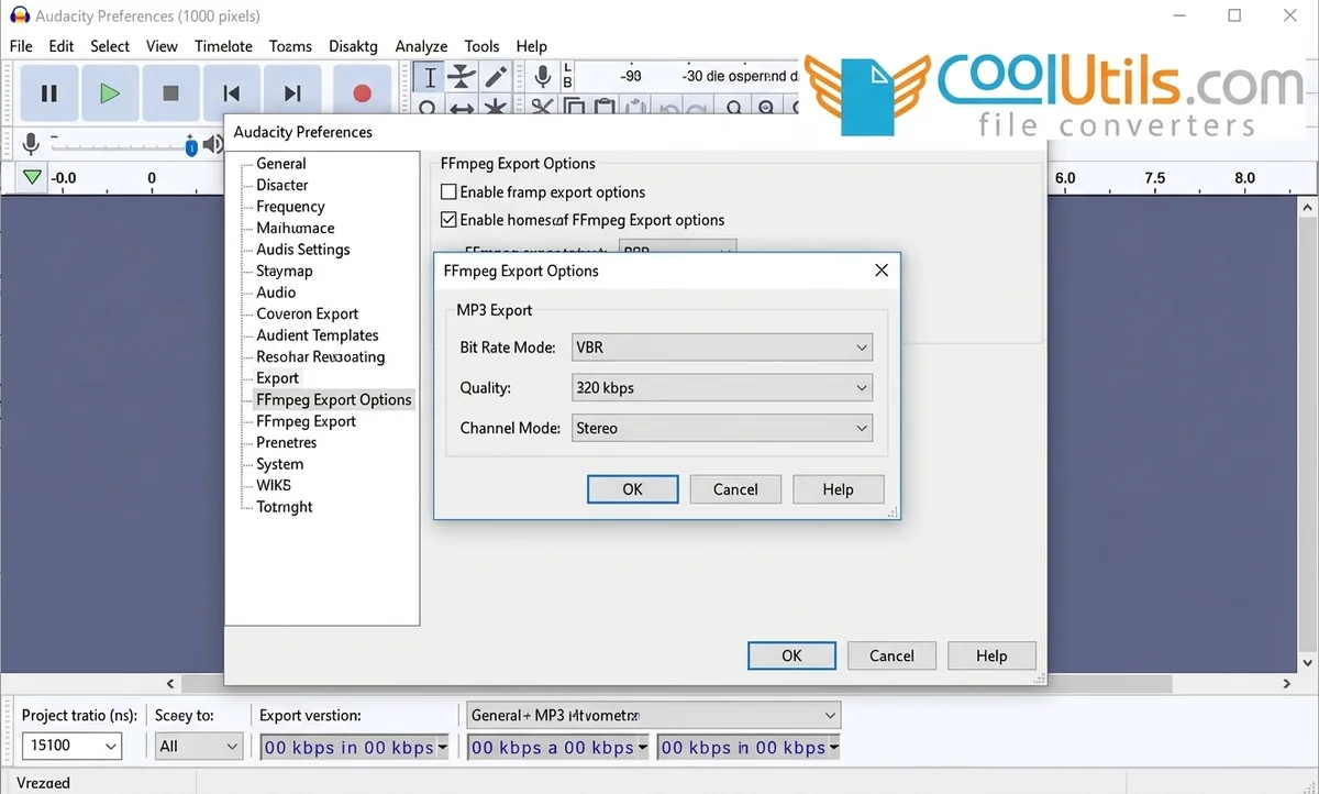 Audacity Preferences dialog with FFmpeg export options for MP3 bitrate and quality