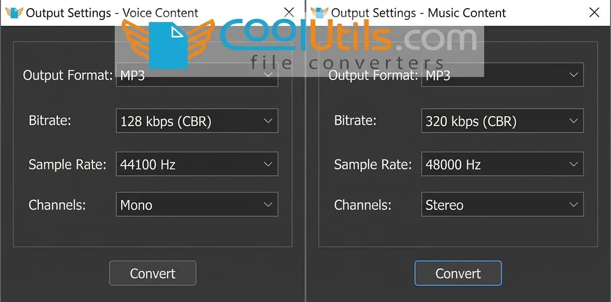 MP3 output settings: 128 kbps mono for voice content vs 320 kbps stereo for music content