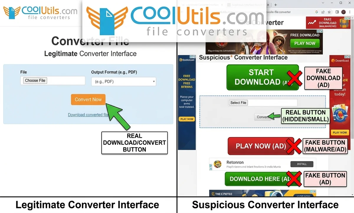 Side-by-side comparison of a legitimate online converter interface vs a suspicious one with fake download and ad buttons