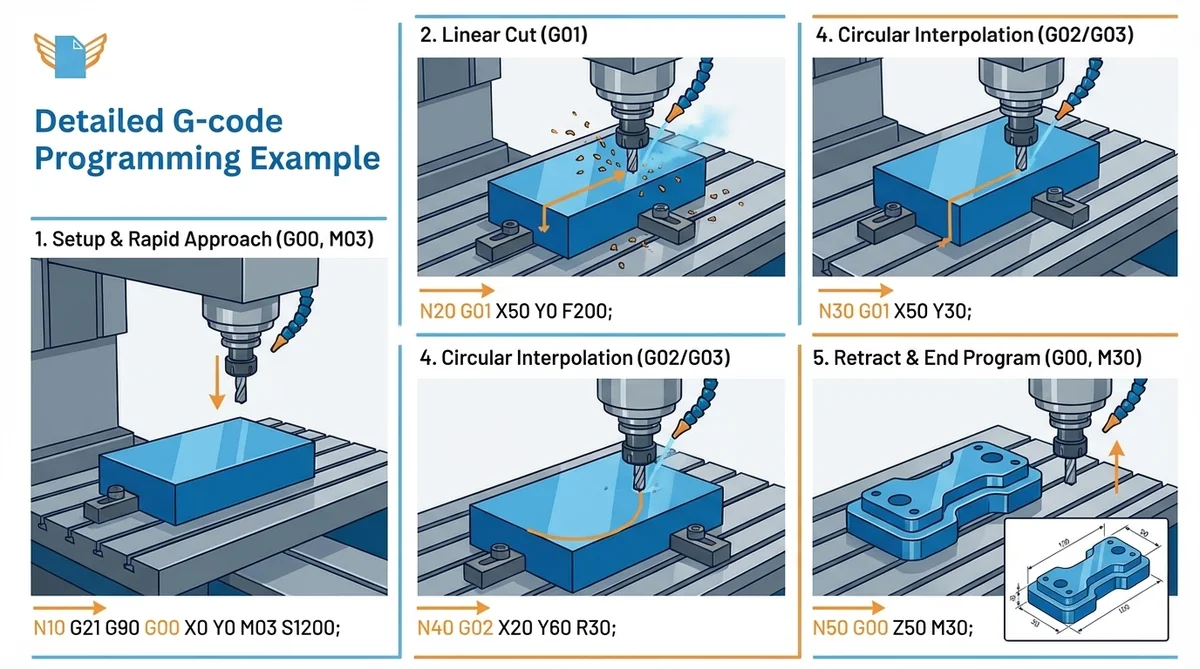 Detailed G-code programming example — drilling a hole to 15mm depth