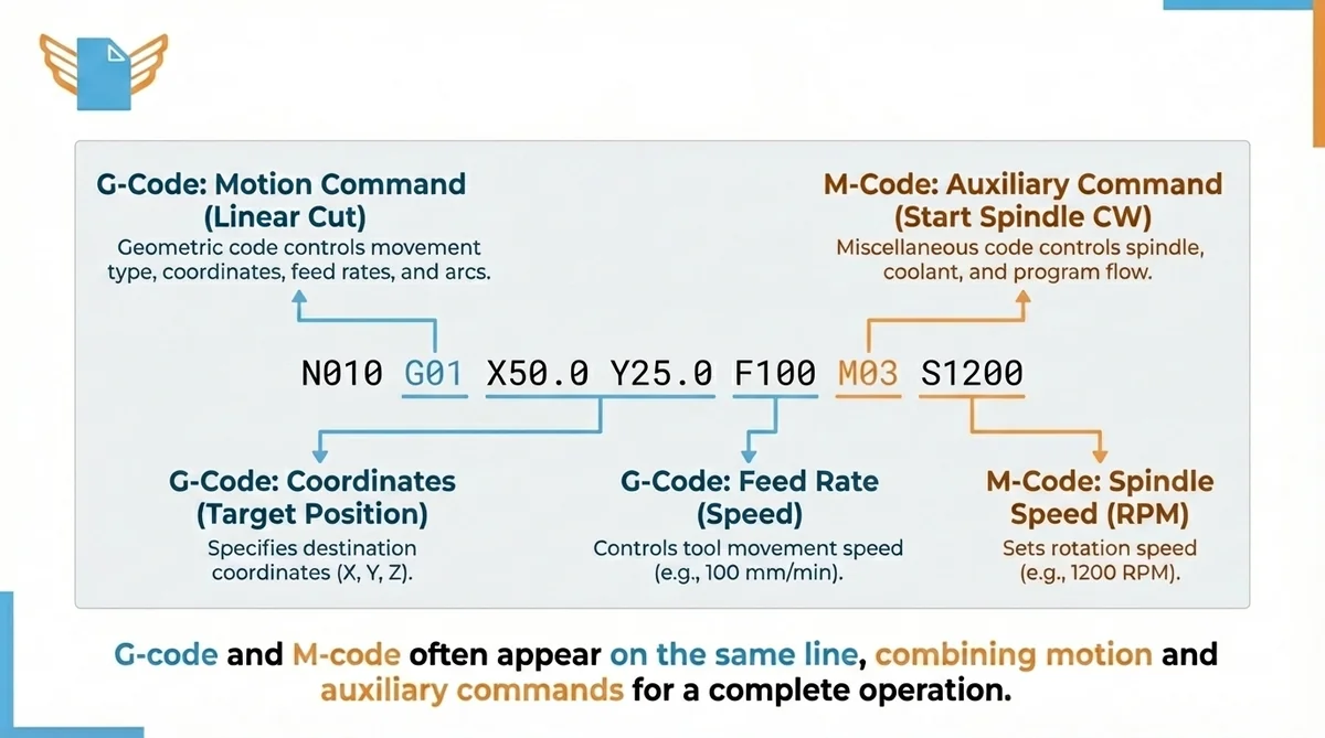 G-code vs M-code — geometric motion versus auxiliary machine commands