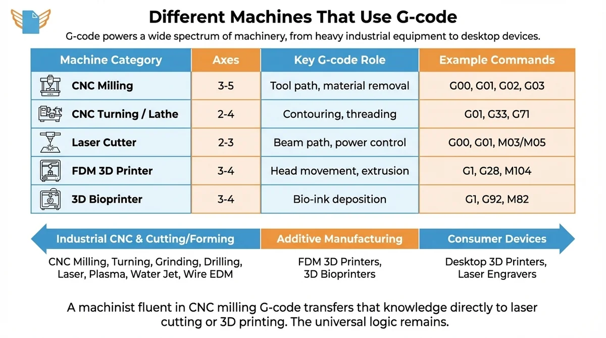 Different machines that use G-code — CNC milling, turning, laser, 3D printer, bioprinter