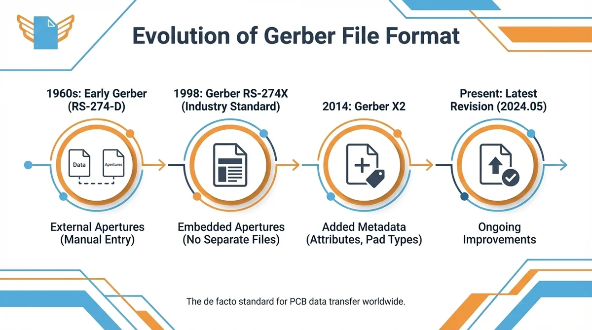 History of the Gerber file format from the 1960s photoplotter era to modern RS-274X