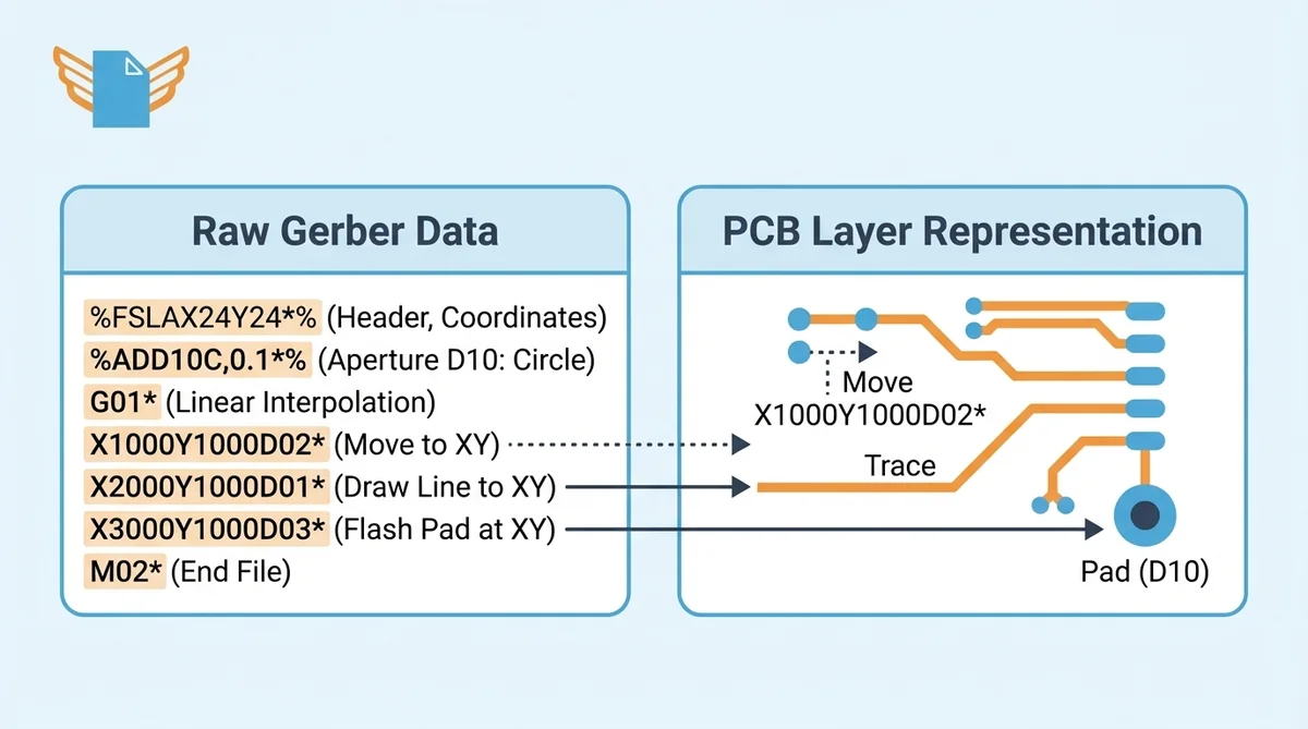 Data structure of a Gerber file — header, aperture definitions, G-codes, and coordinate commands