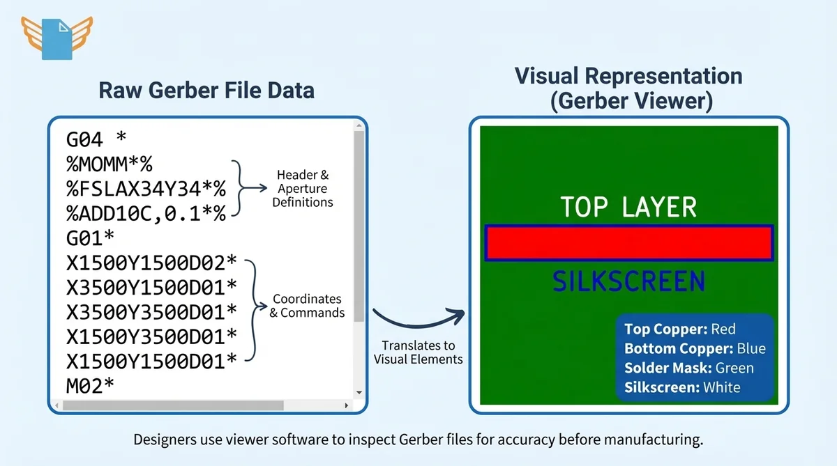 Gerber file rendered in a Gerber viewer with copper, solder mask, and silkscreen layers