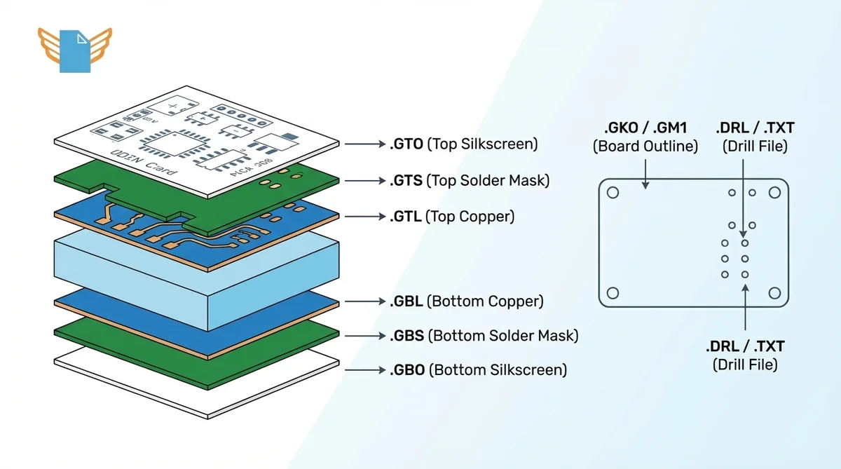 Essential Gerber file layers for PCB manufacturing — copper, solder mask, silkscreen, drill