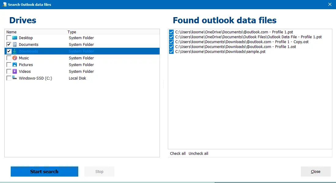 Gefundene Outlook-Datendateien