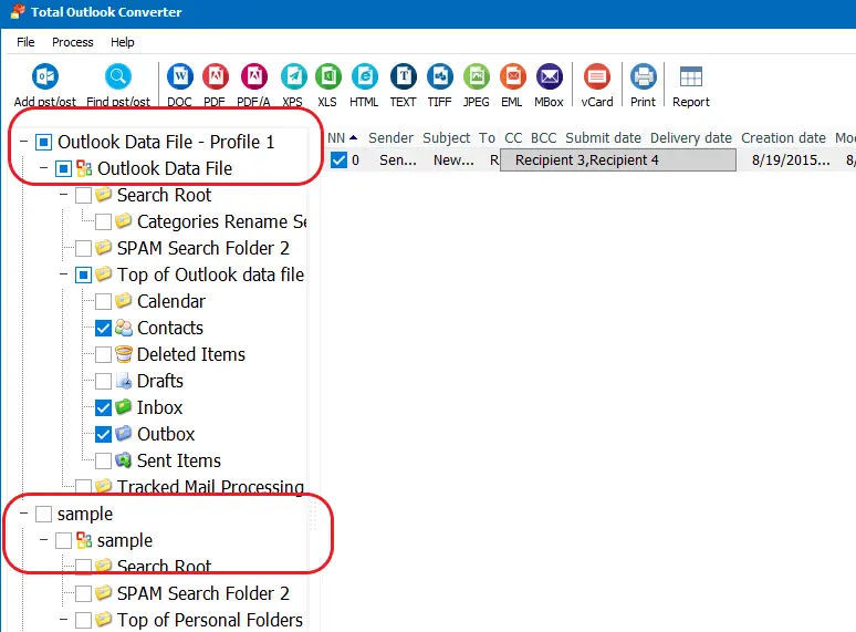 Outlook Konvertierung Hauptfenster
