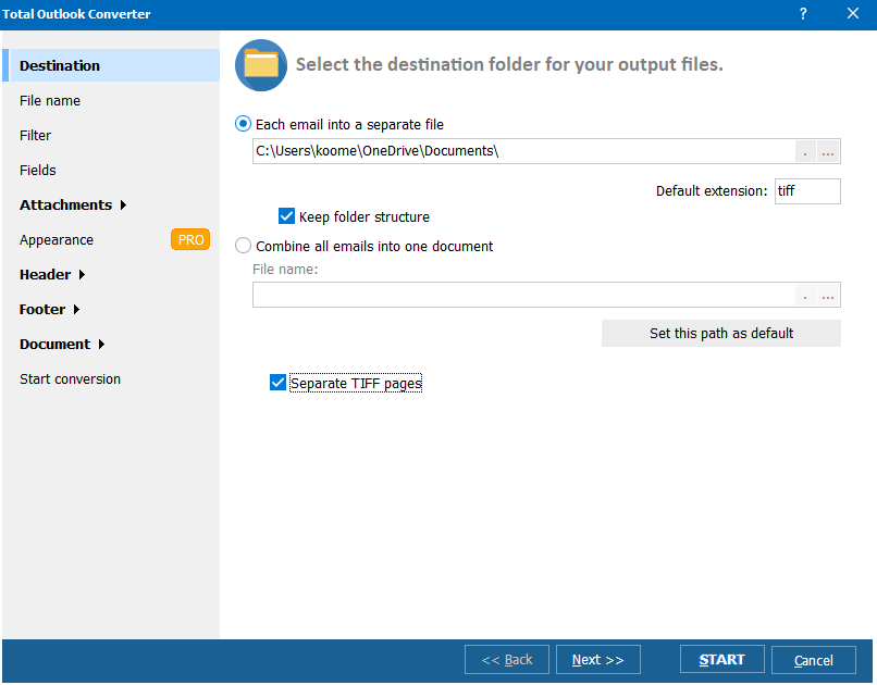 Konvertierungsparameter im Total Outlook Converter