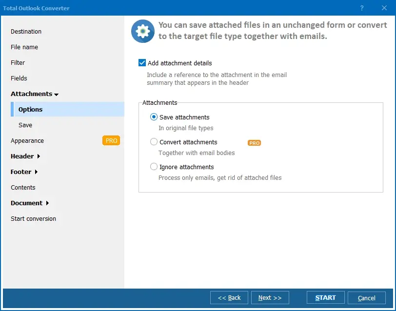 Total Outlook Converter में रूपांतरण सेटिंग्स