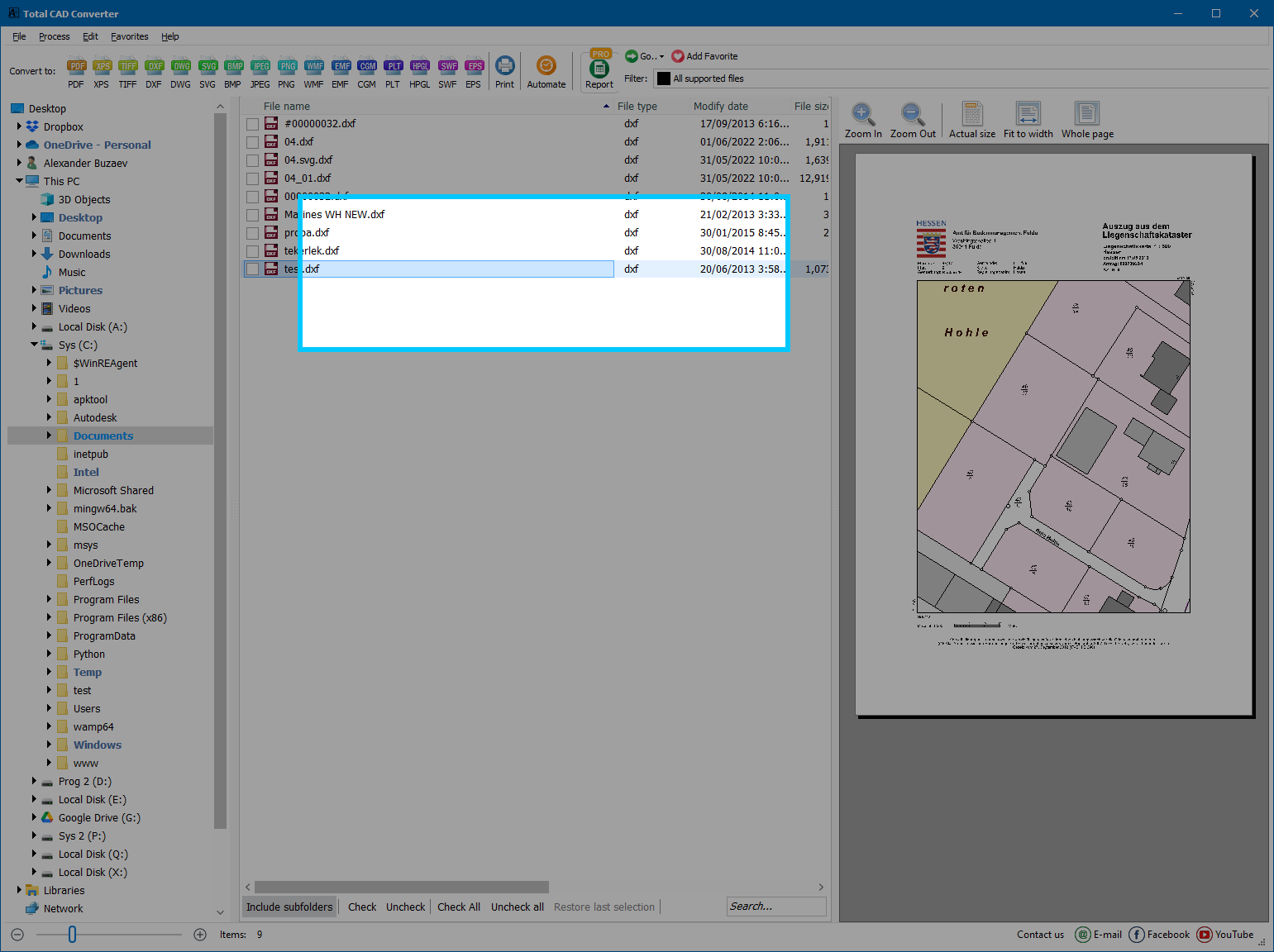 Step 3: Select CAD files to convert in the middle panel