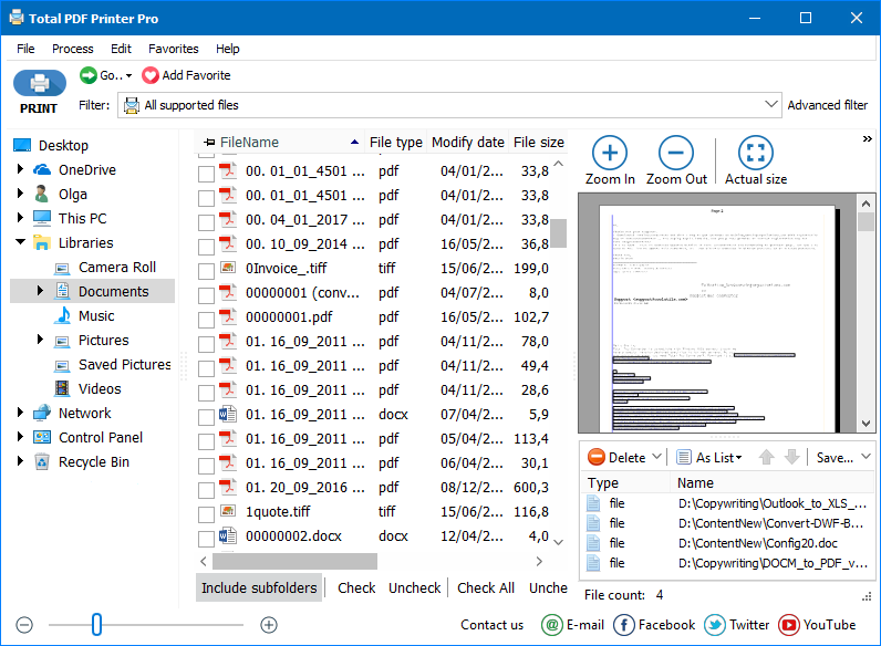 Print DOC, XLS, TIFF files in one go.